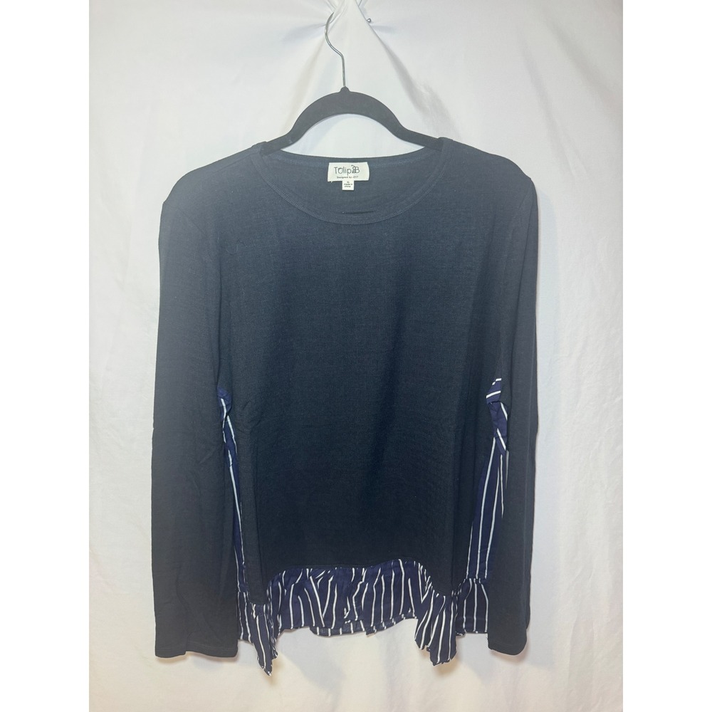 Navy Striped Mixed Media Ruffle Top XL Preppy Nautical Vintage Style Tulip BNWOT